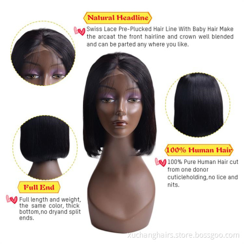 Brazilian Short Bob perruque perruque vierge Lace frontale Perruque femme noire